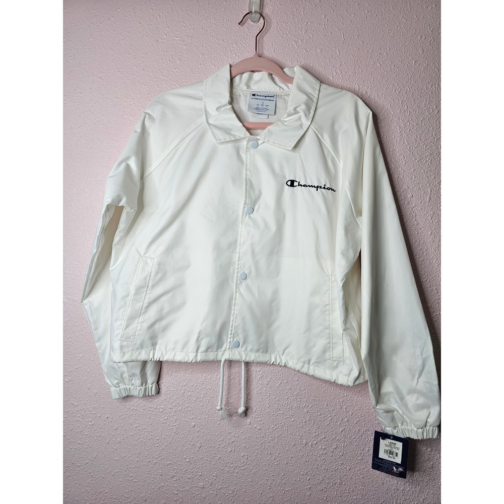 Champion Womens White Coaches Jacket Snap Front Drawstring Hem Cropped Large NWT